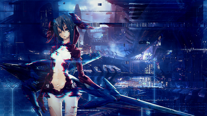 Anime girl with cybernetic enhancements in a futuristic city