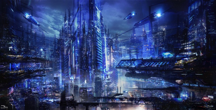 Futuristic city with flying vehicles