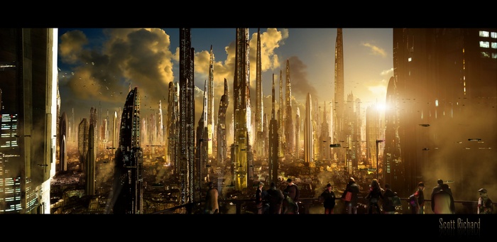 Futuristic city skyline at sunset with flying vehicles
