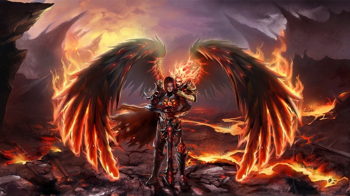 Fiery winged figures in a volcanic landscape