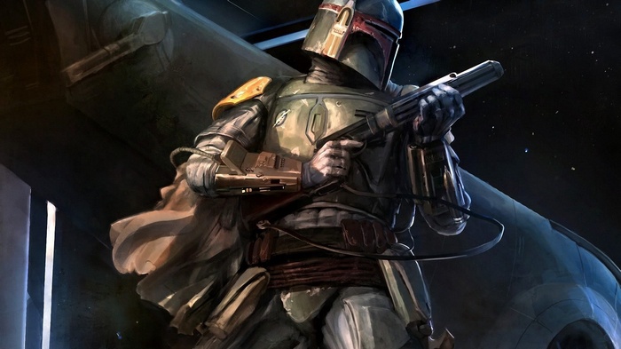 Boba Fett holding a blaster rifle