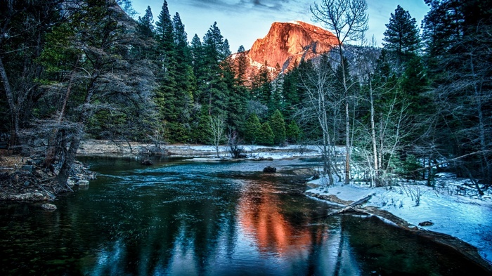 water, forest, landscape, nature, pine trees, river, snow, winter, reflection, mountains, trees