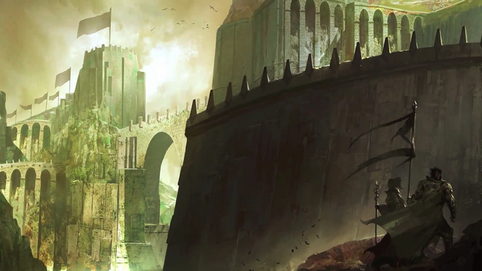 Ascalon fantasy art castle with flags and figures