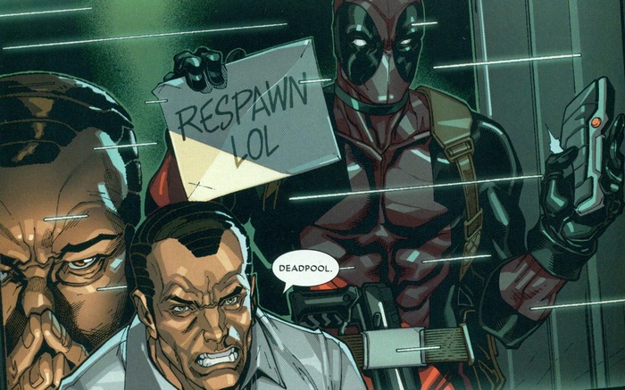 Deadpool holds a sign that says RESPAWN LOL