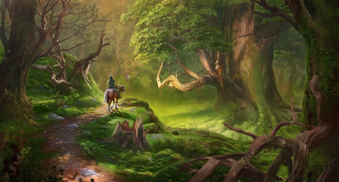 Link riding a horse in the Lost Woods
