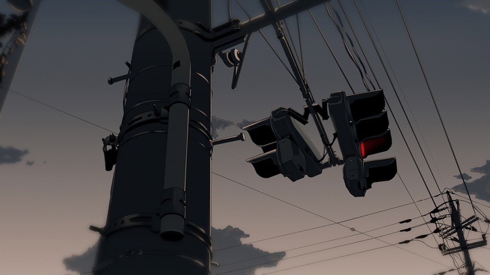 Anime traffic lights against a dusky sky