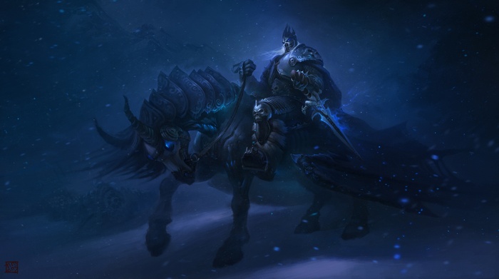 Arthas on a horse in a snowy landscape