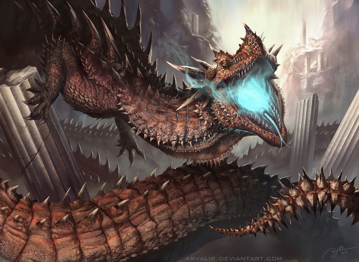 A fearsome dragon breathes blue fire amidst ruins