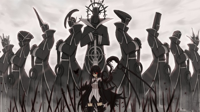 Anime girl with red eyes and dark wings surrounded by figures