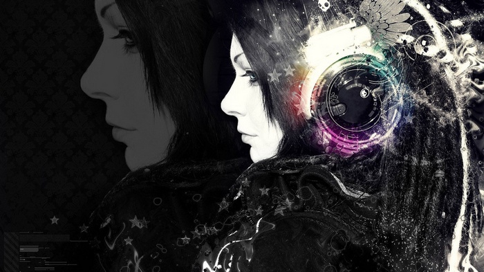 Woman with headphones and abstract art