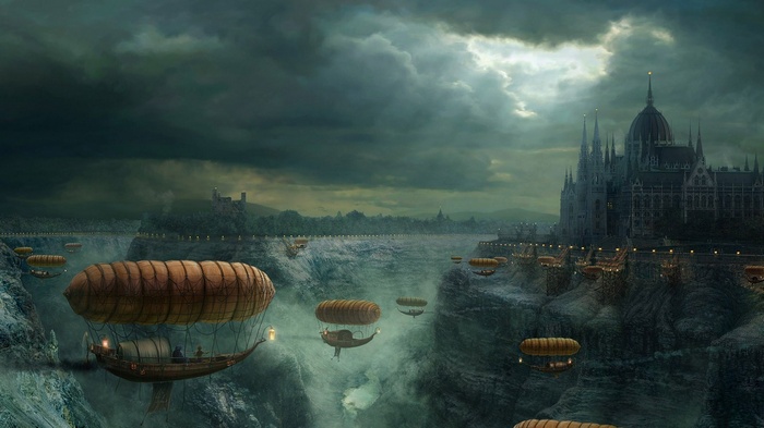 Steampunk airships flying over a canyon city