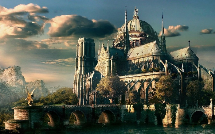 Fantasy castle art with mountains and river