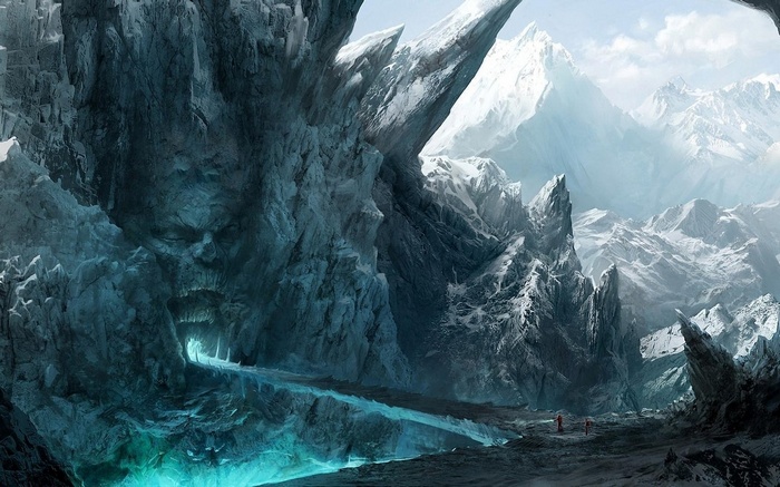 Fantasy art of a frozen mountain cave with a face