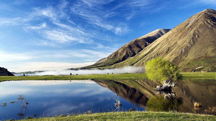 Lake and mountains with mist and a lone tree