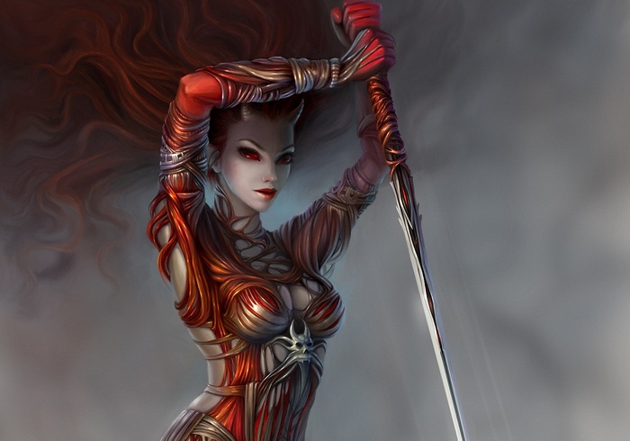 Fantasy art of a demon with red eyes holding a sword