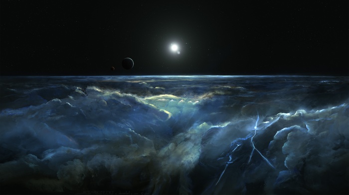 Digital art of a planet with clouds and lightning