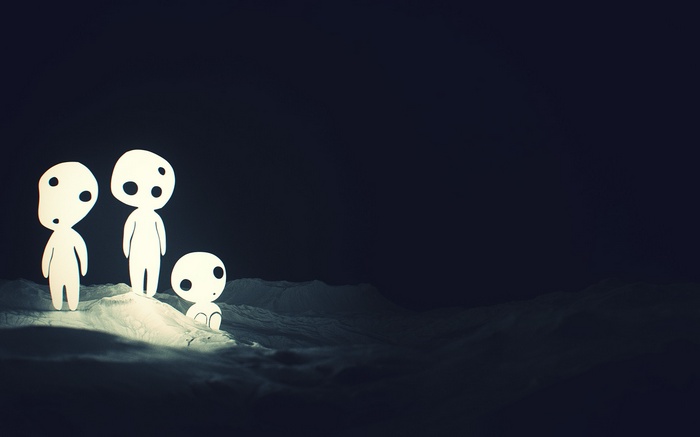 Kodama from Princess Mononoke in a dark landscape