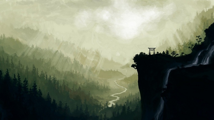 Misty Japanese Mountain Landscape with Torii Gate and Waterfall