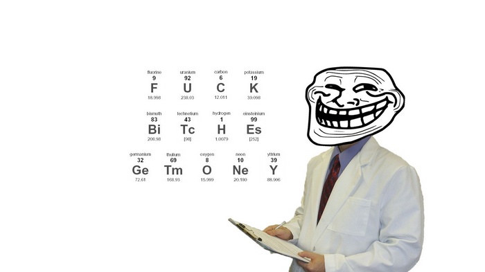 Trollface scientist with periodic table meme