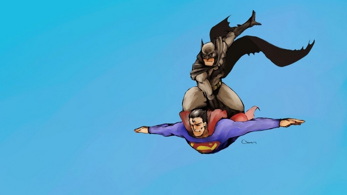 Batman riding on Superman flying in the sky