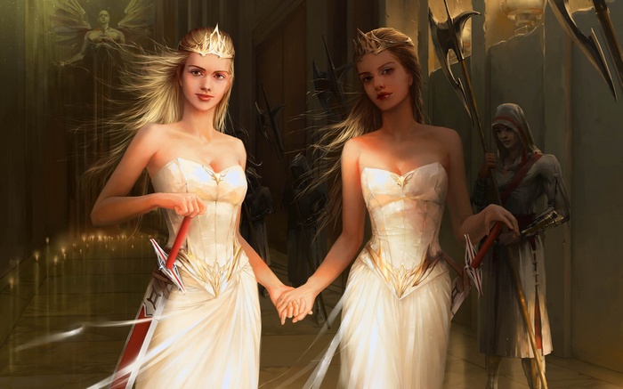 Fantasy art of twin blonde women with swords