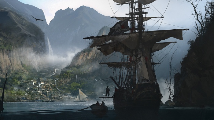Pirate ship near a village in a mountainous cove