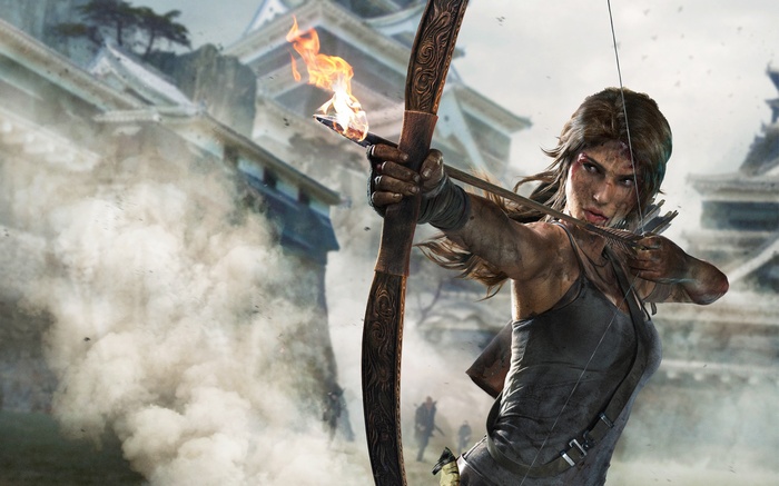 Lara Croft aiming a flaming arrow in Tomb Raider