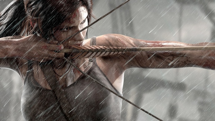 Lara Croft aiming a bow and arrow in the rain