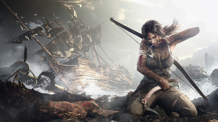 Lara Croft with bow and arrow near shipwreck