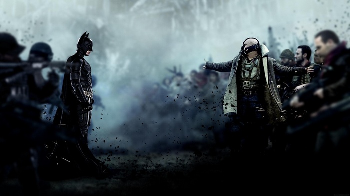 Batman and Bane facing each other with soldiers