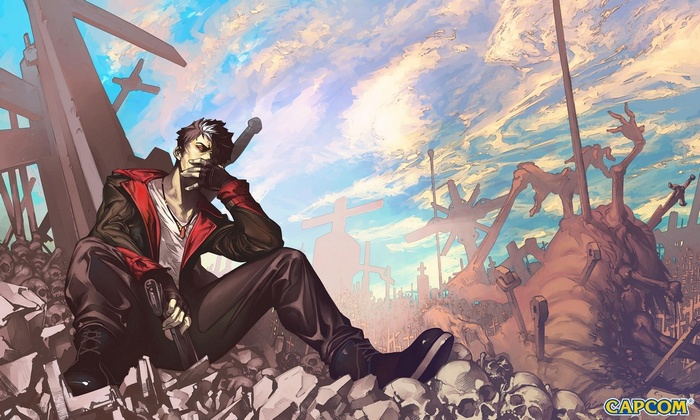 Dante from DmC: Devil May Cry sitting in ruins