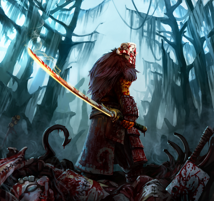 Juggernaut from Dota 2 covered in blood