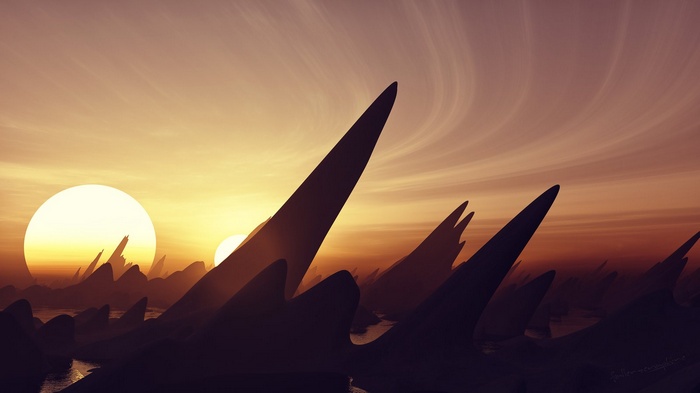 Surreal alien landscape with twin suns at sunset