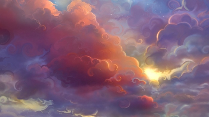 Sunlight filtering through colorful clouds