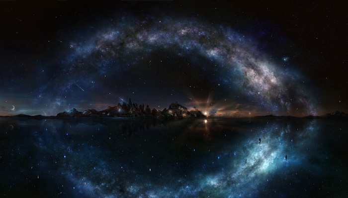 Digital art of a celestial landscape with a galaxy arch