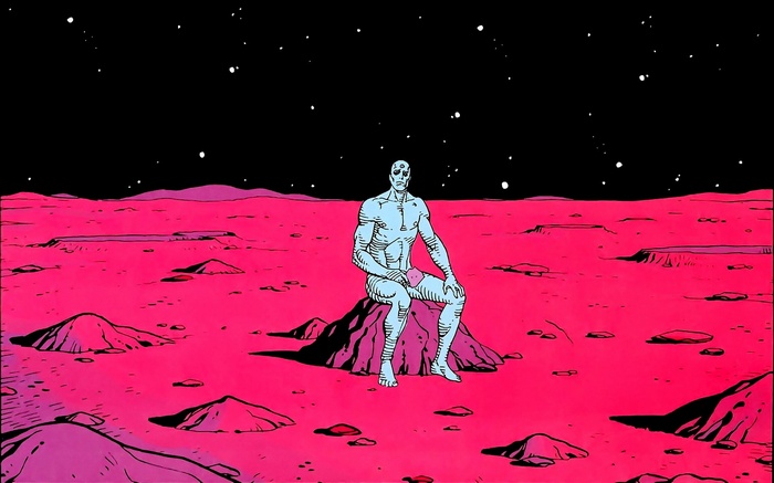 Dr. Manhattan sitting on Mars in space