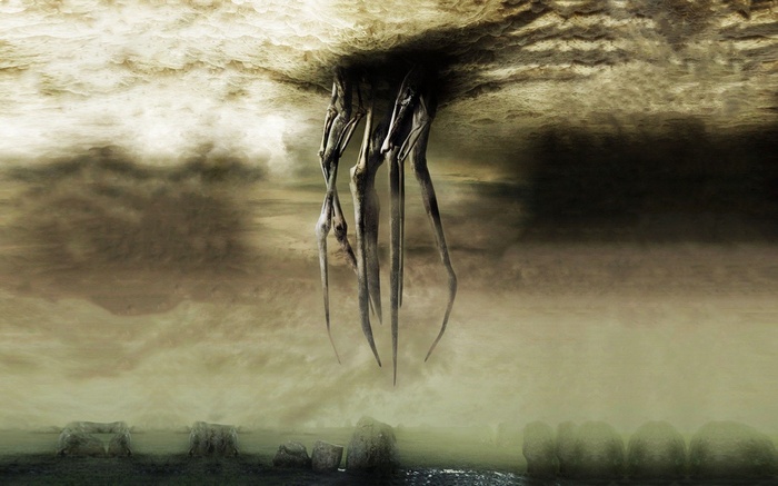 Alien creatures hanging from a textured ceiling