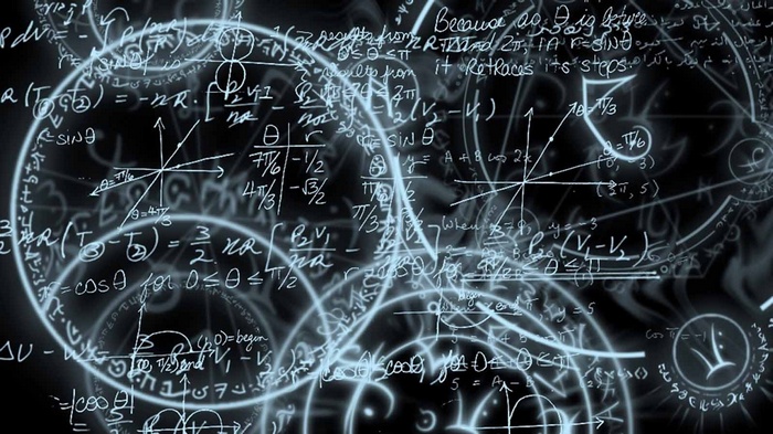 Alchemy symbols and mathematical equations on a dark background