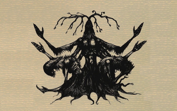 Satanic tree creature with multiple arms and heads
