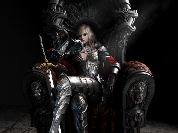 Fantasy warrior woman sitting on a throne