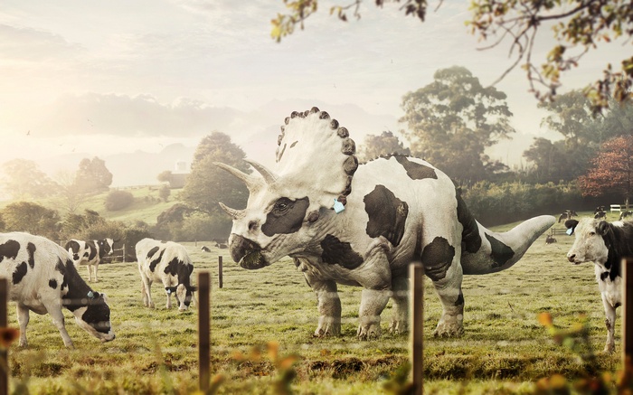 Triceratops with cow pattern in a farm with cows