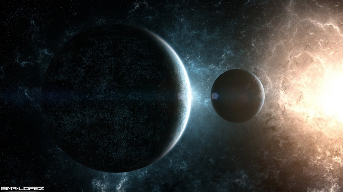 Two planets in space with a bright light source