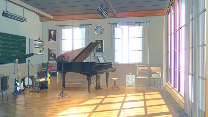 Music room with piano, guitars, and drums