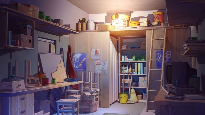 Garage interior with shelves, boxes, and a ladder
