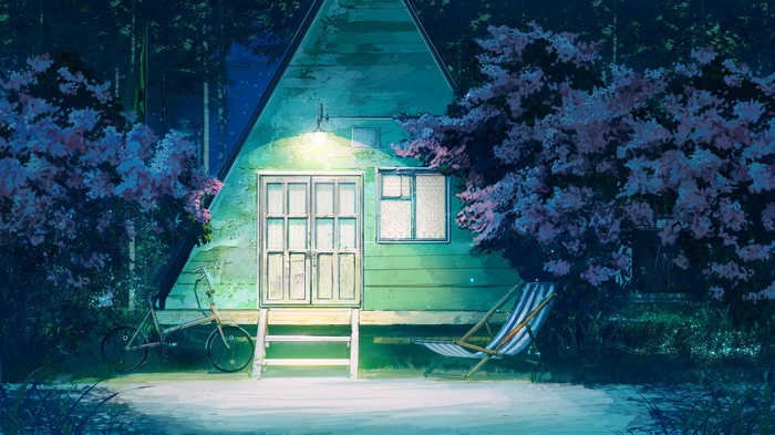 Everlasting Summer A-frame cabin with bicycle and chair