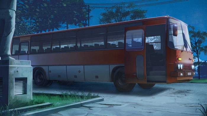 Ikarus 256 bus parked at night