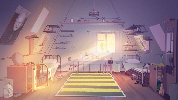 Everlasting Summer dormitory room with beds and a desk