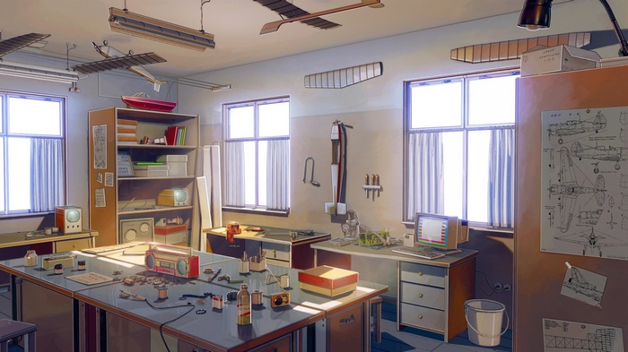 Everlasting Summer workshop with radio and aircraft schematics