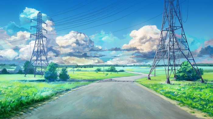 Anime landscape with power lines and clouds