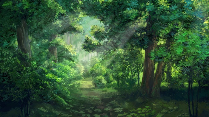 Artwork of a green forest with sun rays